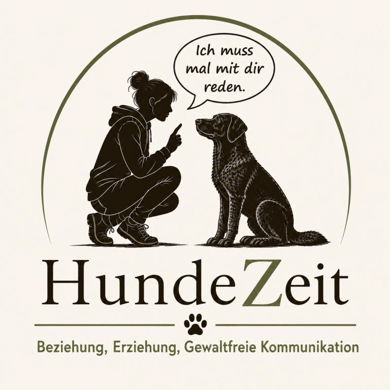 Eine Person spricht mit einem sitzenden Hund. Text: "HundeZeit - Beziehung, Erziehung, Gewaltfreie Kommunikation."